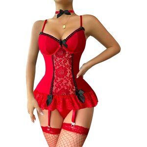 Sexy Floral Lace Garter Belt Babydoll Corset Push Up Red Black Lingerie Set